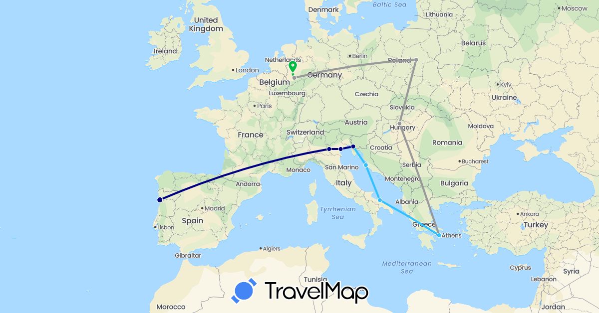 TravelMap itinerary: driving, bus, plane, boat in Germany, Greece, Croatia, Hungary, Italy, Poland, Portugal (Europe)